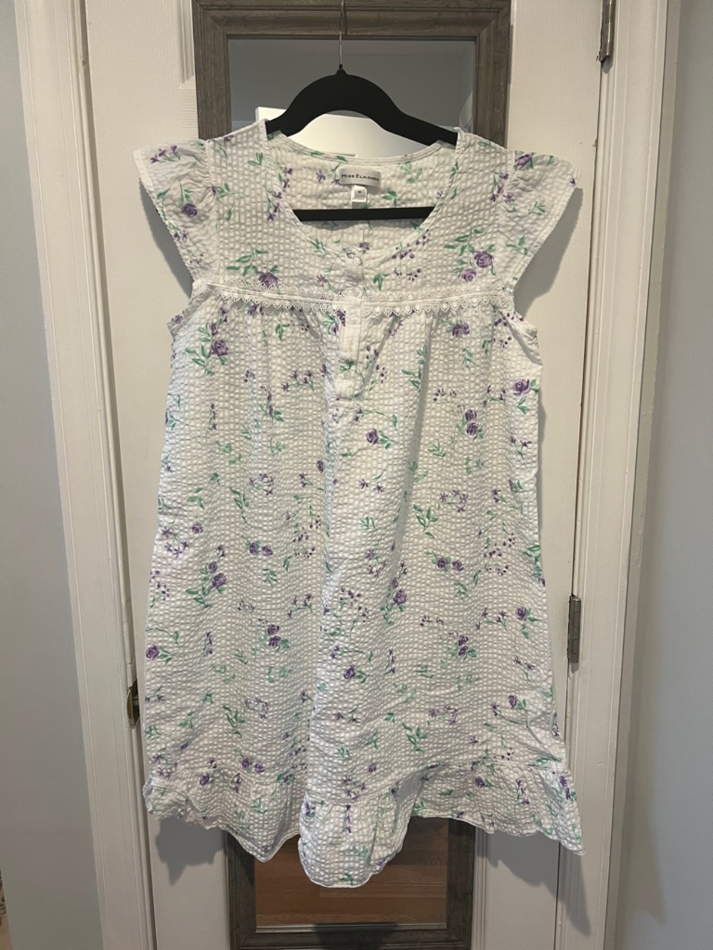 Miss Elaine White Nightgown with Purple Floral & Green Accents